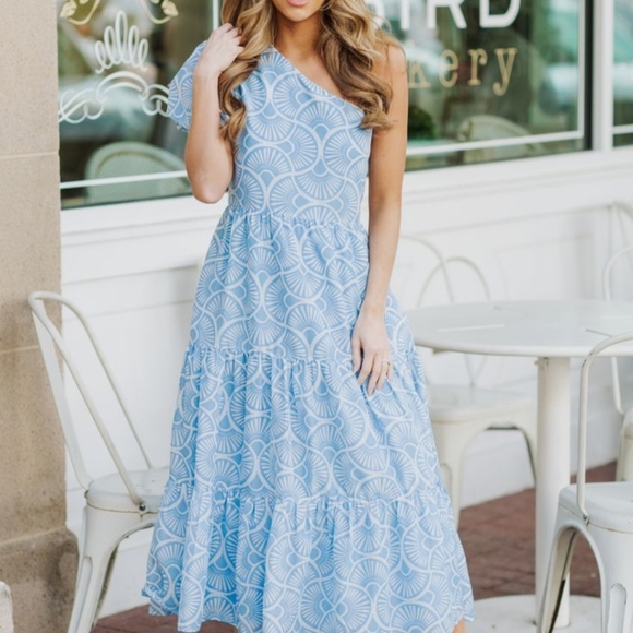 J.Marie Leilani One Shoulder Short Puffed Sleeve Tiered Midi Dress - Picture 1 of 6